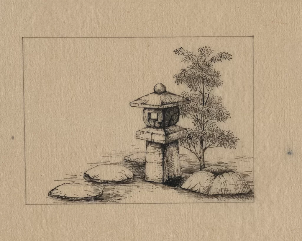 Stone Lantern Tree Rocks Sketch Monochrome Traditional