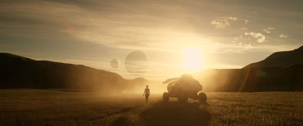 sunset, landscape, vehicle, person, planets, clouds