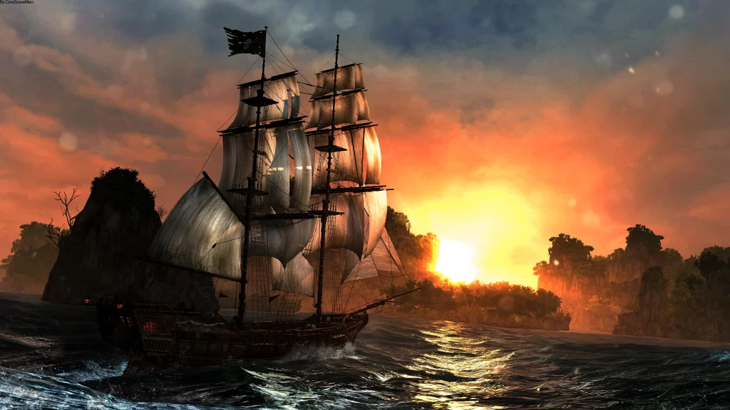 sunset pirate ship ocean waves sky clouds