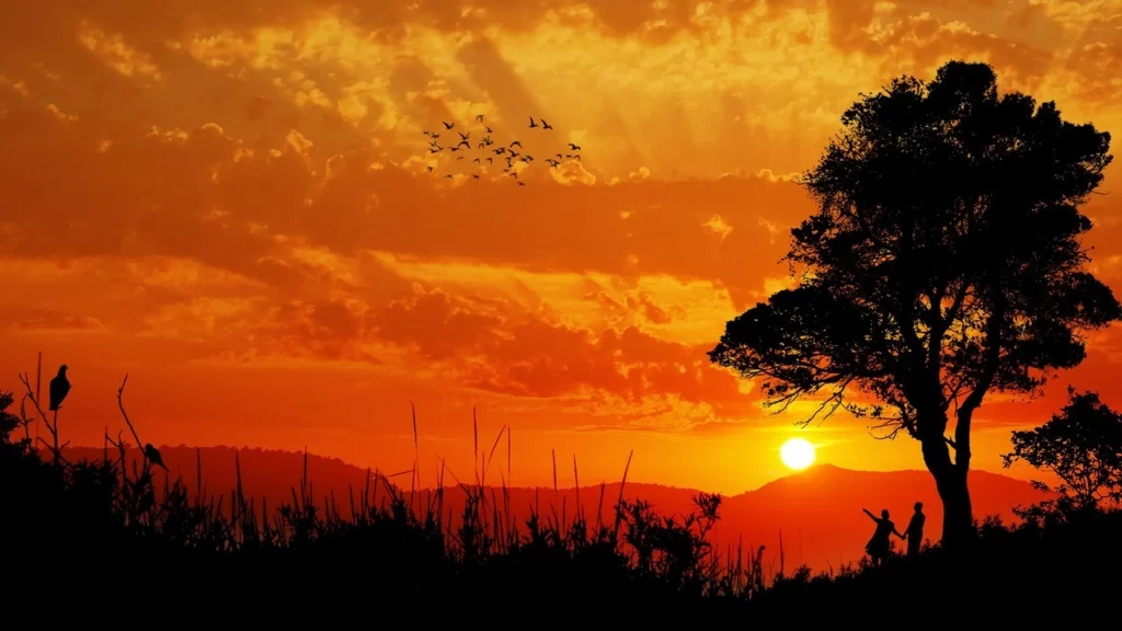 sunset tree sky clouds birds landscape silhouette orange