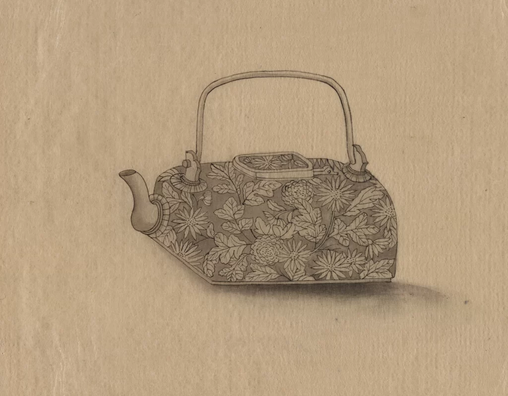 Teapot Floral Pattern Vintage Monochrome Sketch Textured Background