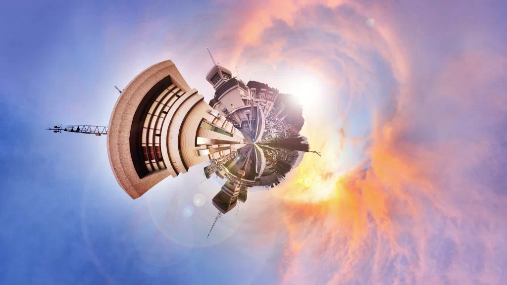 tiny planet buildings sunset sky clouds