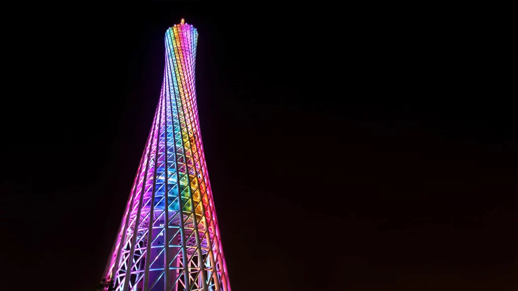 tower, night, colorful lights, modern, architecture, skyline