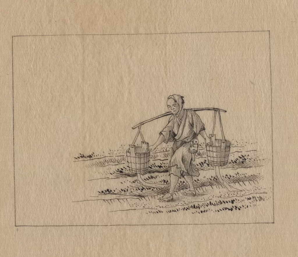 Traditional Attire Bamboo Pole Buckets Rural Setting Monochrome Sketch