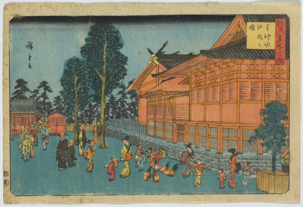 Traditional Japanese Architecture Vibrant Colors Historical Scene Cultural Depiction Woodblock Print Serene Atmosphere