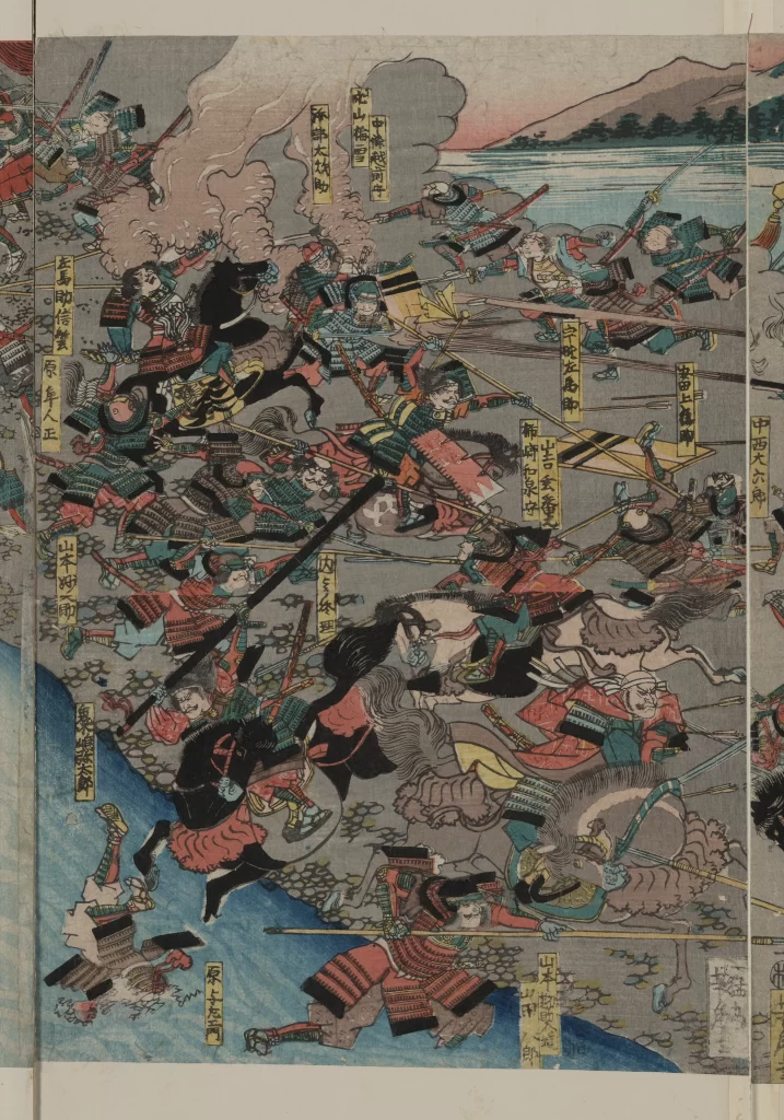 Traditional Japanese Art Battle Scene Samurai Vibrant Colors Dynamic Composition Historical Illustration