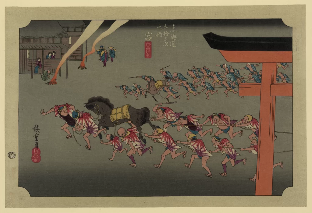 Traditional Japanese Art Dynamic Scene Vibrant Colors Historical Event Cultural Depiction Detailed Figures