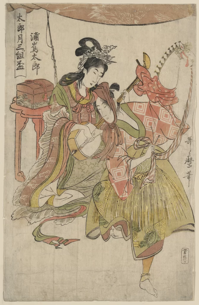 Traditional Japanese Art Elegant Attire Musical Instrument Red And Green Cultural Scene Historical Depiction