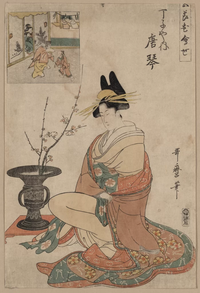 Traditional Japanese Art Kimono Floral Patterns Red And Green Ukiyo-e Cultural Depiction