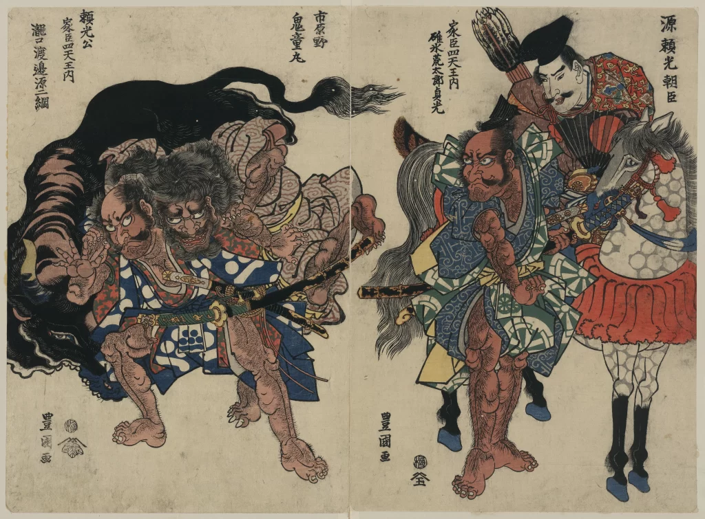 Traditional Japanese Art Samurai Colorful Dynamic Historical Woodblock Print