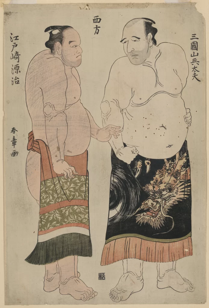 Traditional Japanese Art Sumo Wrestlers Colorful Attire Historical Illustration Cultural Depiction
