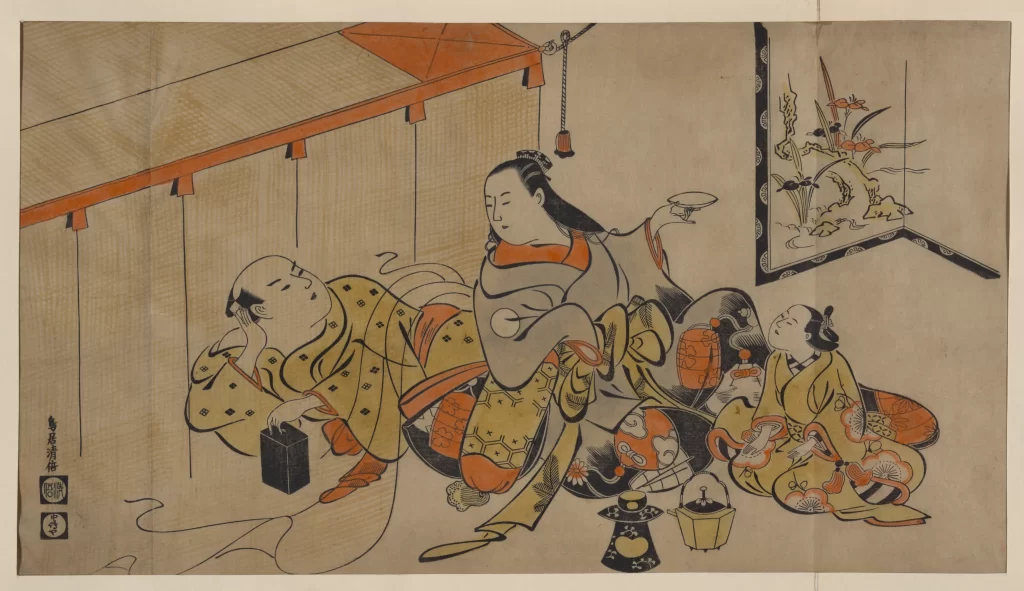 Traditional Japanese Art Ukiyo-e Historical Scene Colorful Attire Cultural Setting Detailed Patterns