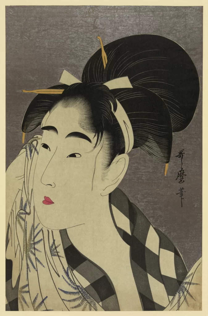 Traditional Japanese Art Ukiyo-e Woman Kimono Black And White Intricate Patterns