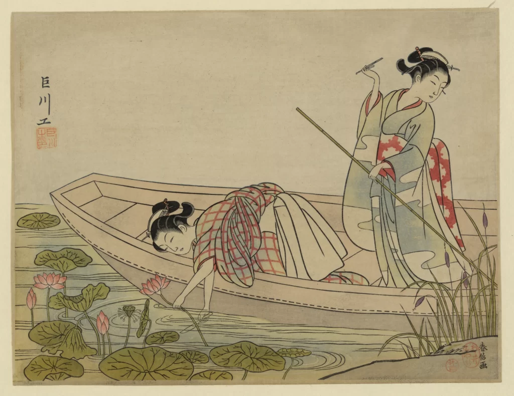 Traditional Japanese Art Women Boat Lotus Flowers Pastel Colors Edo Period