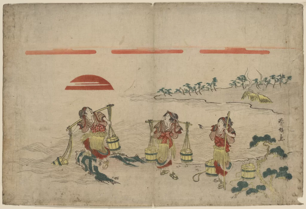 Traditional Japanese Art Women Sunset Water Buckets Landscape