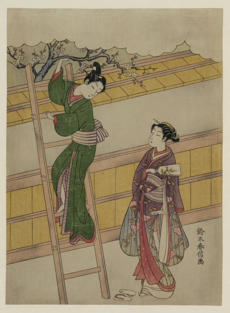 Traditional Japanese Attire Green And Purple Wooden Ladder Cherry Blossoms Ukiyo-e Style