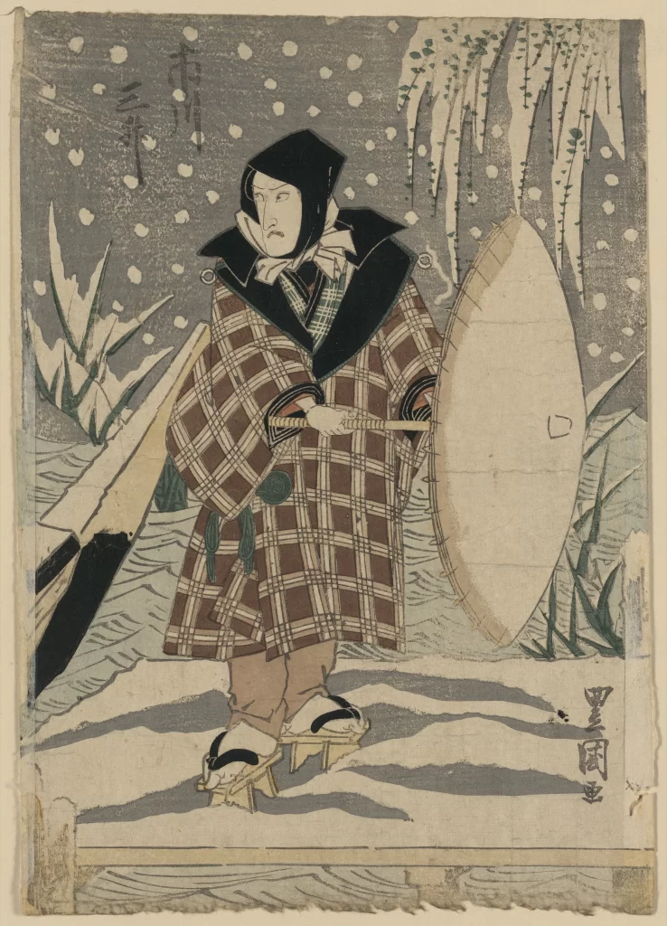 Traditional Japanese Attire Snowy Landscape Plaid Pattern Umbrella Historical Art Style