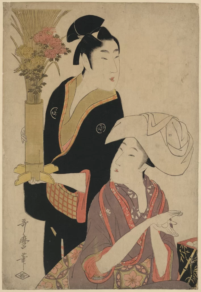 Traditional Japanese Attire Ukiyo-e Art Floral Arrangement Black And Red Cultural Depiction