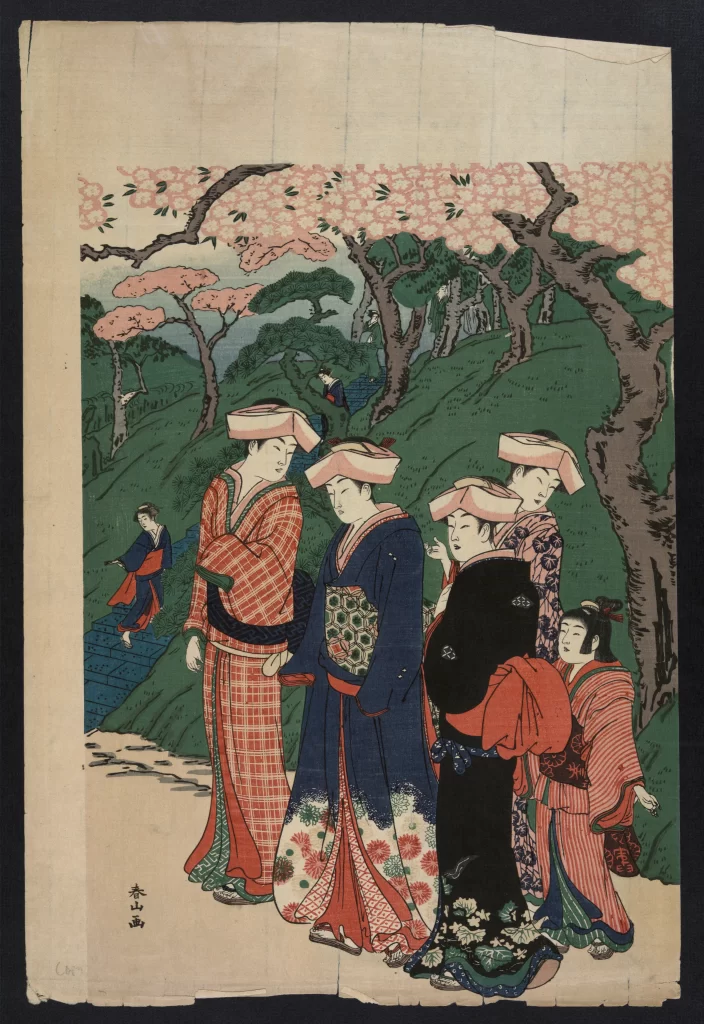 Traditional Japanese Attire Vibrant Colors Cherry Blossoms Historical Scene Artistic Style