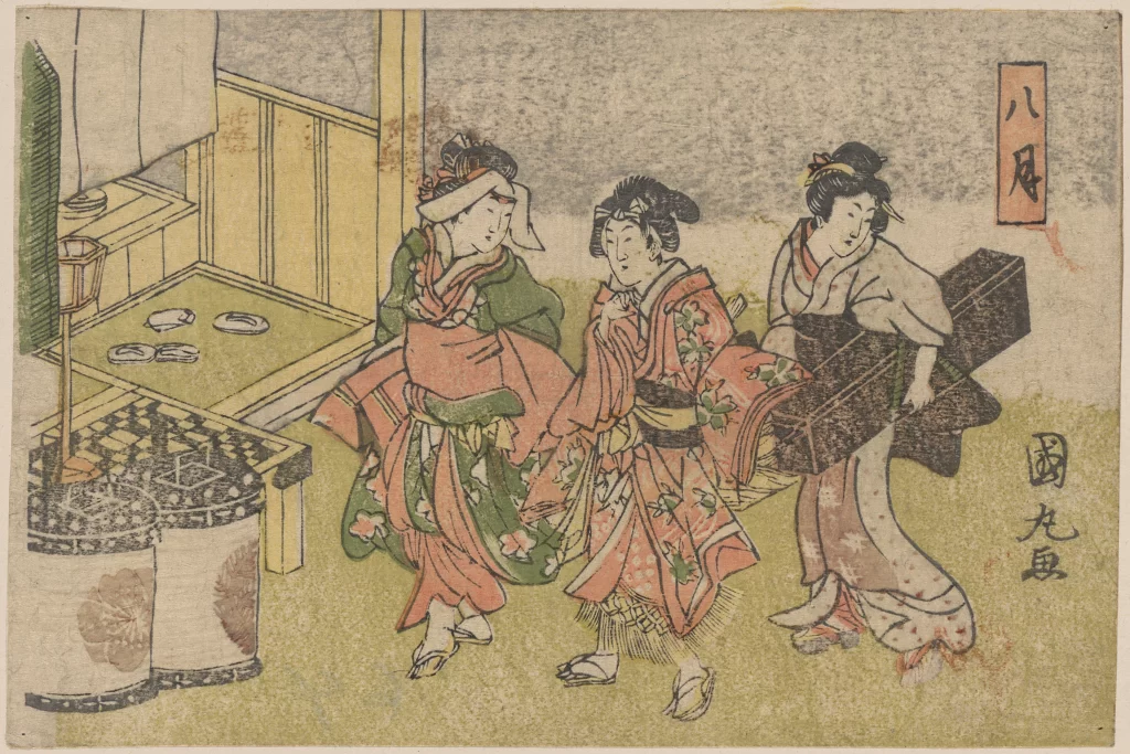 Traditional Japanese Attire Vibrant Colors Historical Scene Ukiyo-e