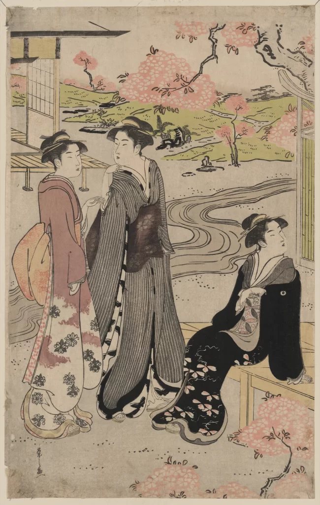 Traditional Japanese Attire Vibrant Colors Ukiyo-e Style Garden Setting Cultural Scene