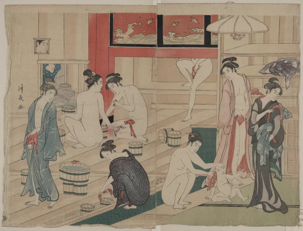 Traditional Japanese Bathing Women Ukiyo-e Pastel Colors Cultural Scene