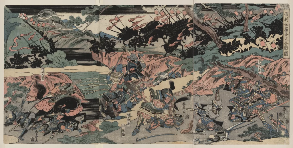 Traditional Japanese Battle Scene Samurai Vibrant Colors Woodblock Print Dynamic Composition