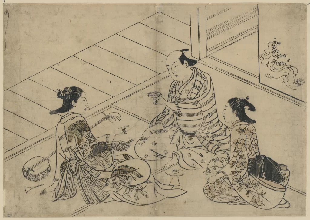 Traditional Japanese Black And White Ukiyo-e Tea Ceremony Cultural Scene Historical Art