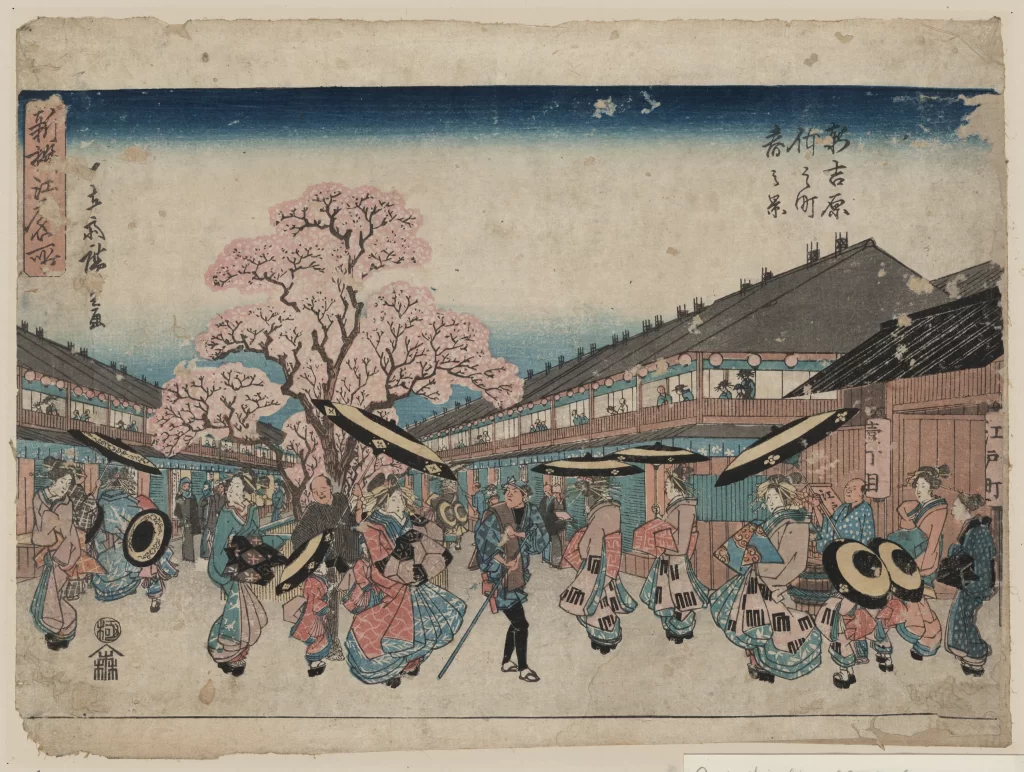 Traditional Japanese Edo Period Woodblock Print Cherry Blossoms Colorful Cultural Scene