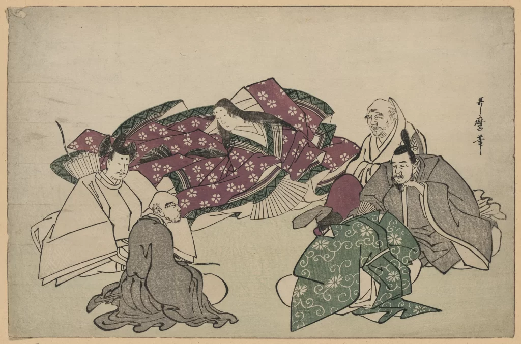 Traditional Japanese Historical Scene Ukiyo-e Colorful Robes Cultural Gathering