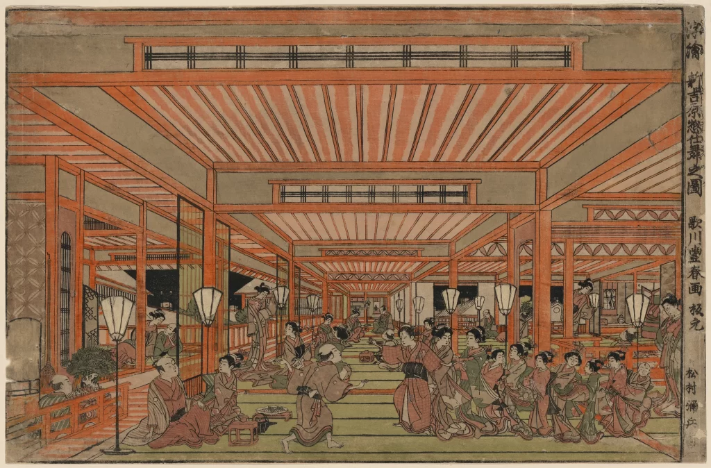 Traditional Japanese Interior Red And Green Hues Wood Architecture People In Kimonos Historical Scene Artistic Style