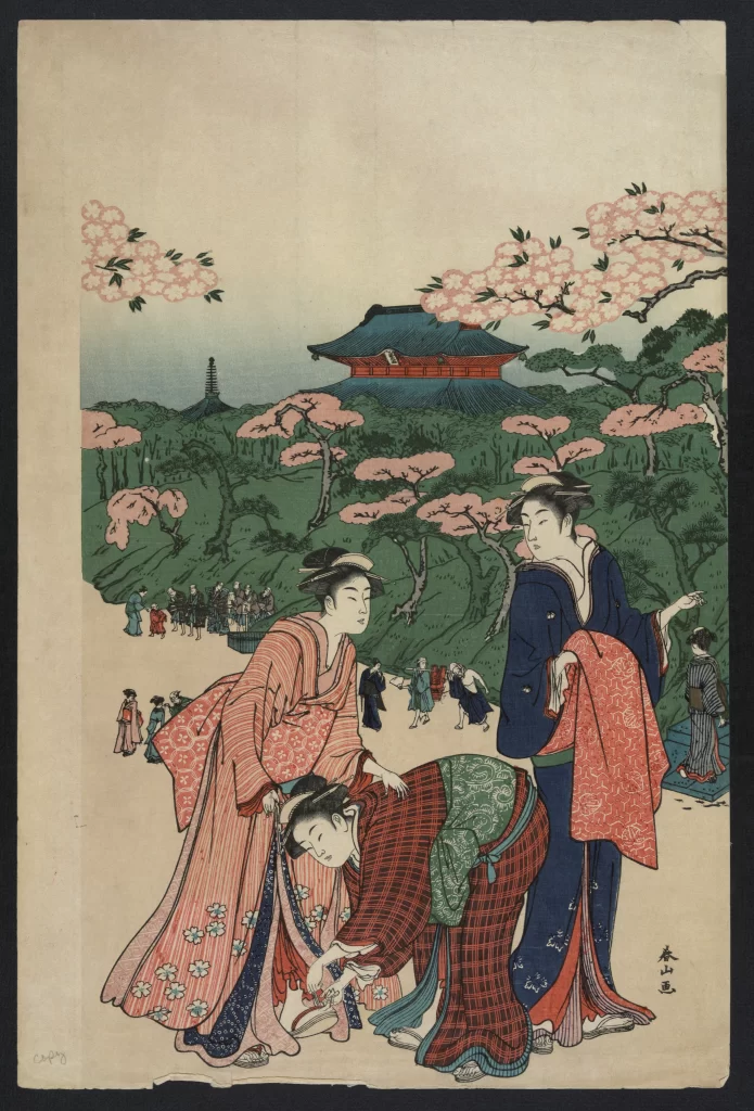 Traditional Japanese Kimono Cherry Blossoms Landscape Cultural Scene