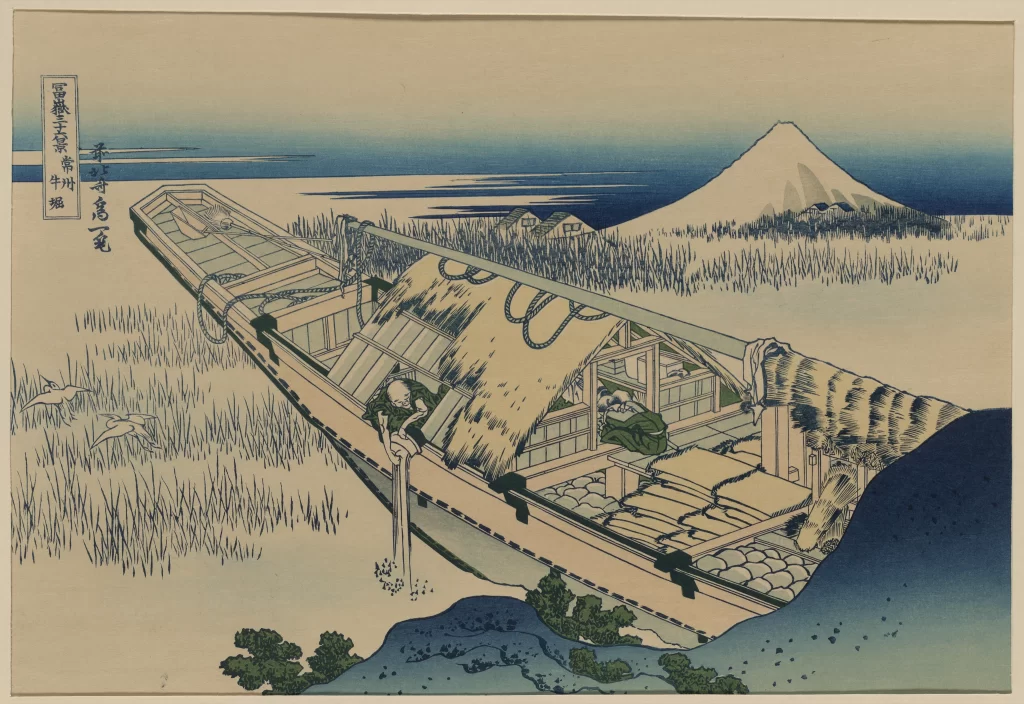 Traditional Japanese Landscape Serene Blue And Green Hues Boat Mountain Woodblock Print