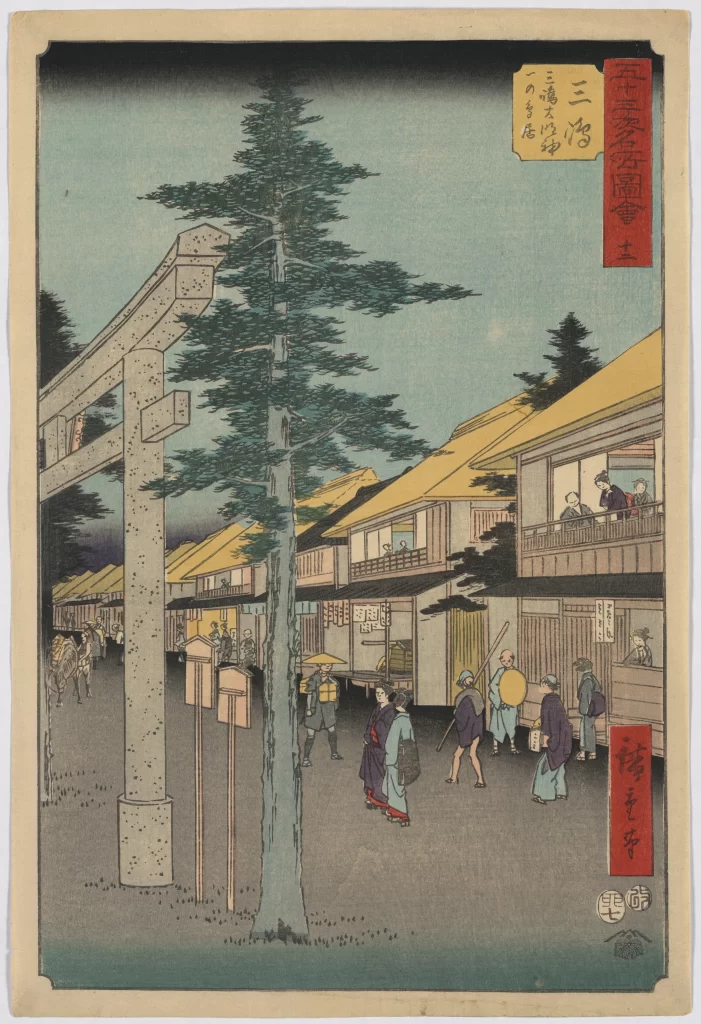 Traditional Japanese Landscape Serene Historical Woodblock Print Nature Architecture