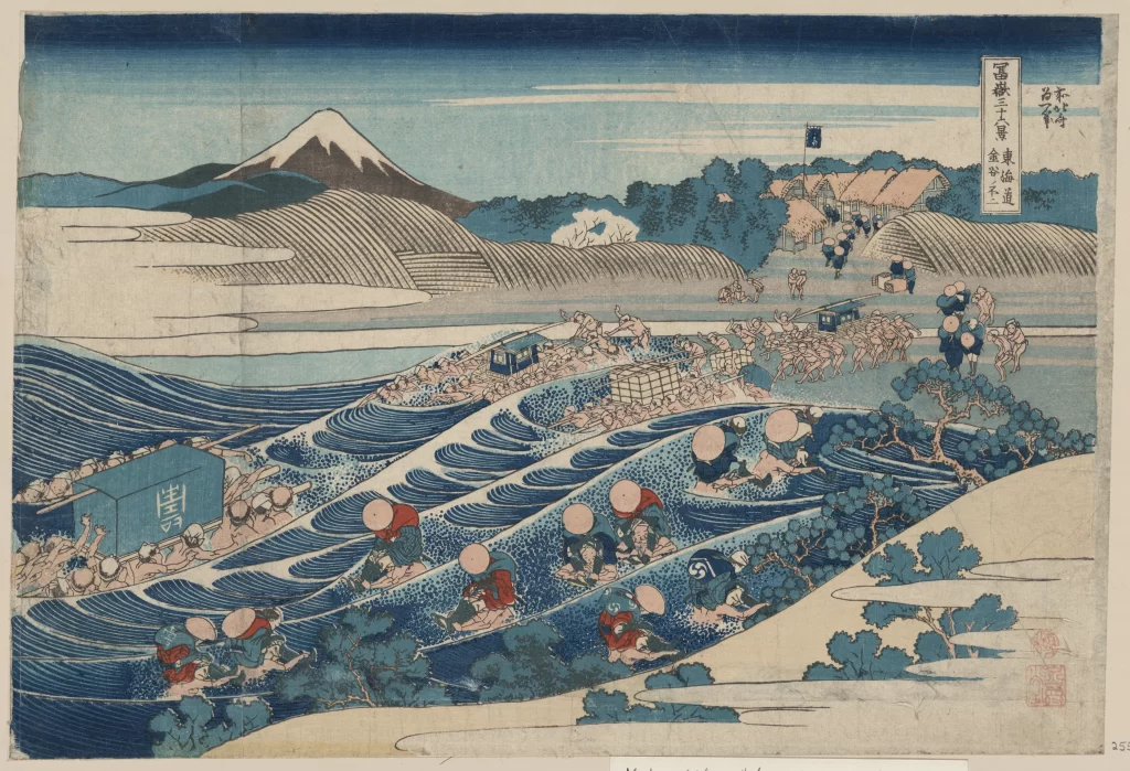 Traditional Japanese Landscape Vibrant Colors Wave Patterns Mount Fuji Woodblock Print Cultural Scene