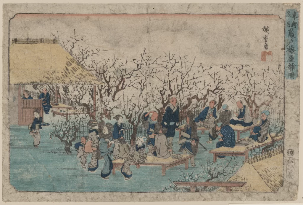 Traditional Japanese Scene People Gathering Natural Setting Pastel Colors Historical Style