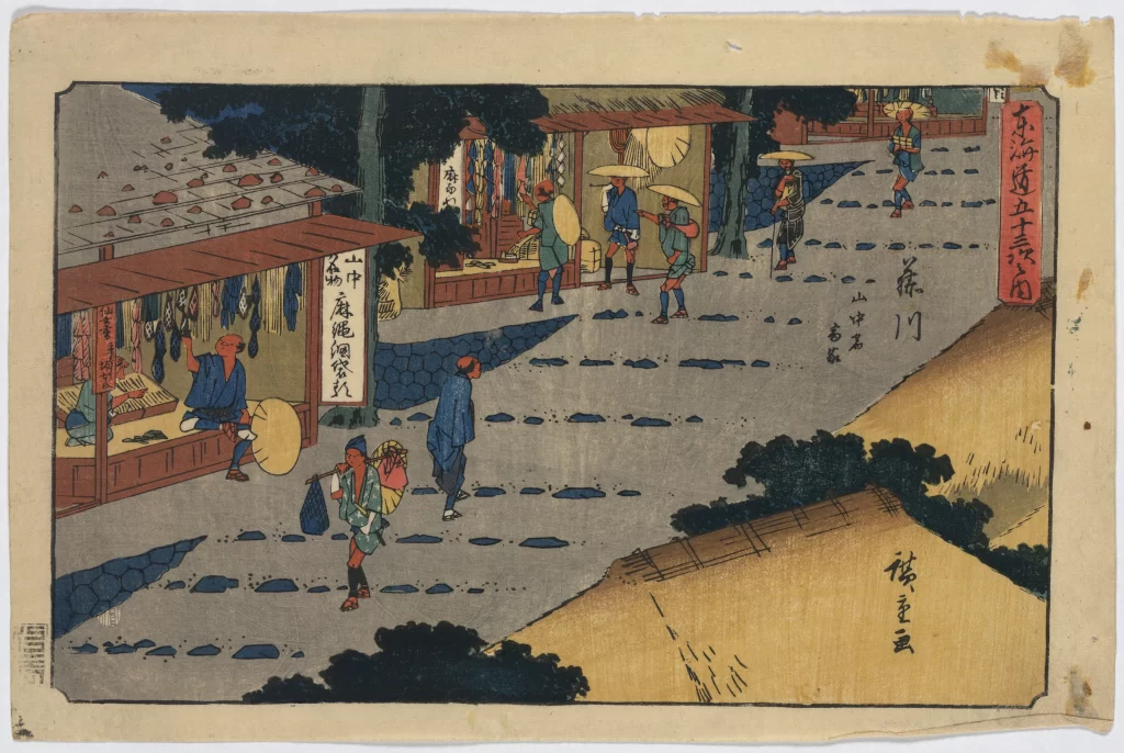 Traditional Japanese Street Scene Vibrant Colors Historical Setting Cultural Elements Woodblock Print Style