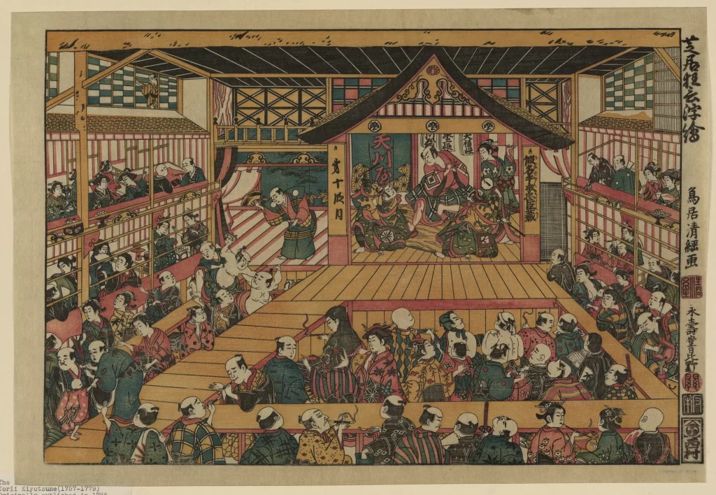 Traditional Japanese Sumo Wrestling Vibrant Colors Woodblock Print Audience Cultural Event