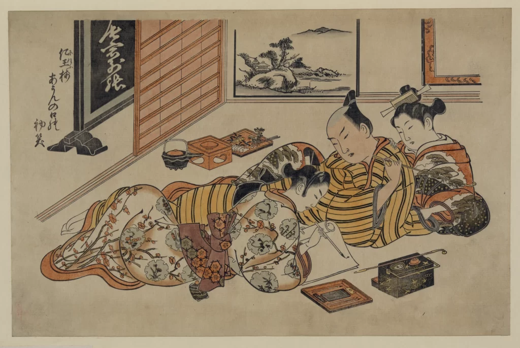 Traditional Japanese Ukiyo-e Indoor Scene Colorful Attire Cultural Setting