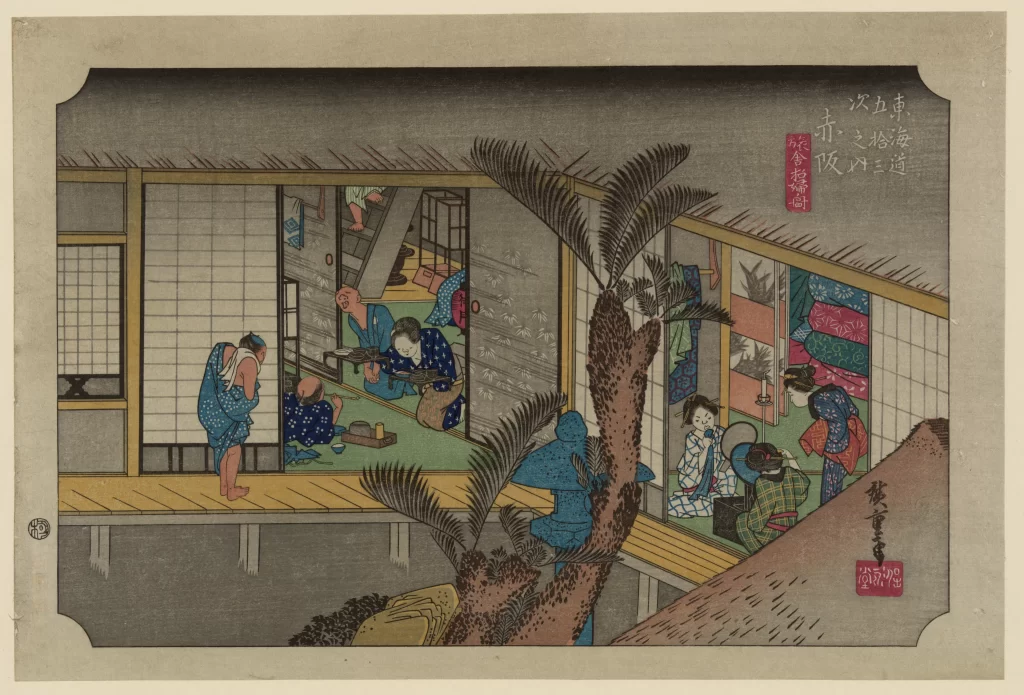 Traditional Japanese Ukiyo-e Indoor Scene Colorful Attire Cultural Setting Historical Ambiance