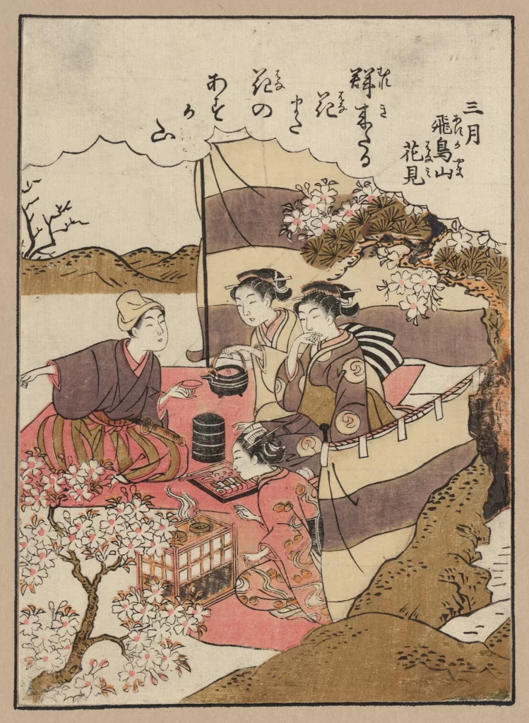 Traditional Japanese Ukiyo-e Tea Ceremony Cherry Blossoms Cultural Scene