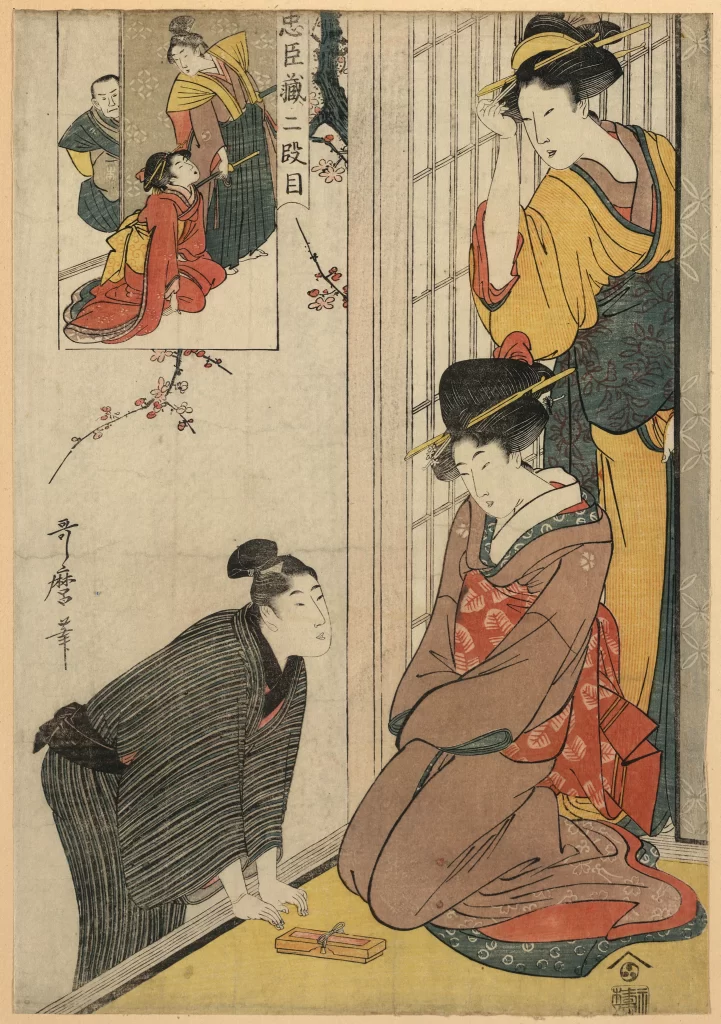 Traditional Japanese Ukiyo-e Women Kimono Red Black
