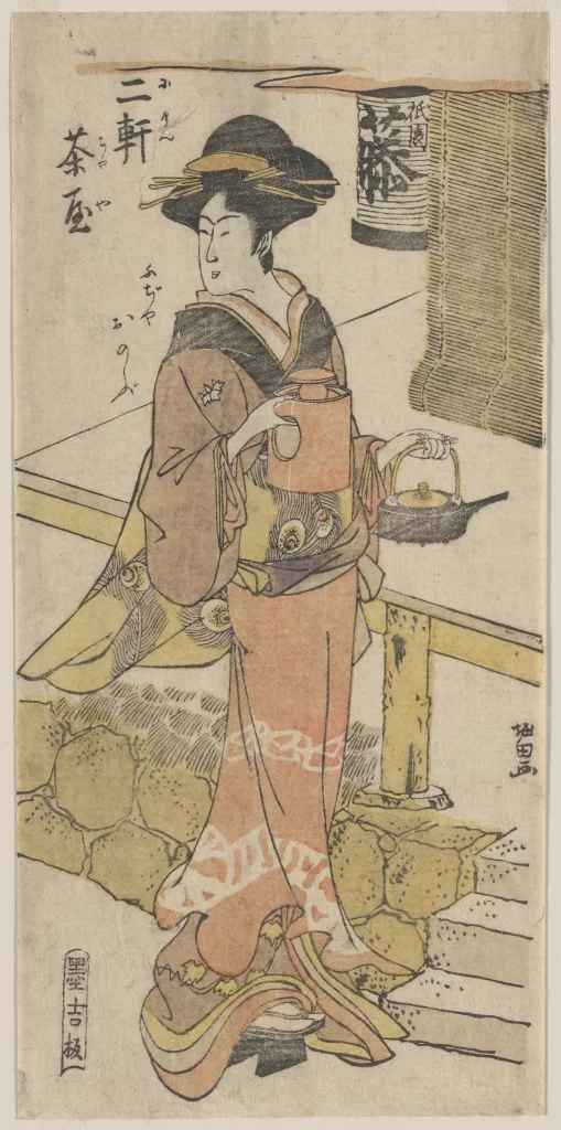 Traditional Japanese Woman Kimono Tea Ceremony Ukiyo-e Pastel Colors