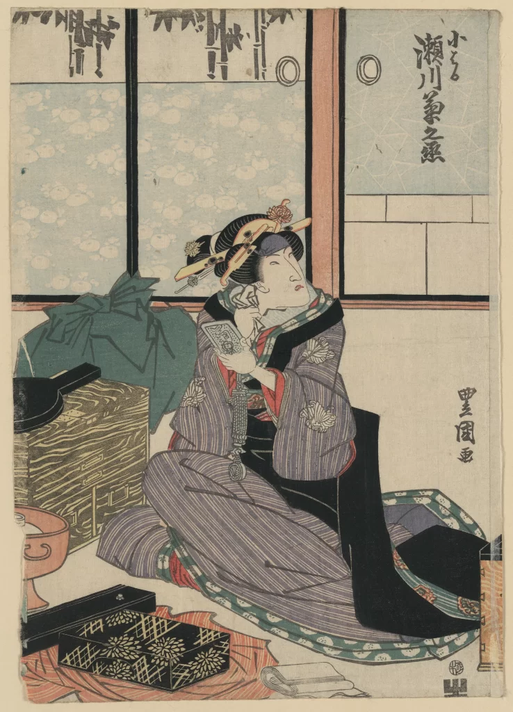 Traditional Japanese Woman Kimono Ukiyo-e Pastel Colors Intricate Patterns Contemplative Pose