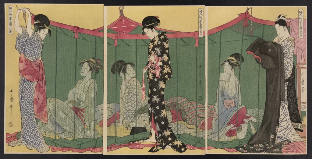 Traditional Japanese Women Kimono Green Red Black Ukiyo-e