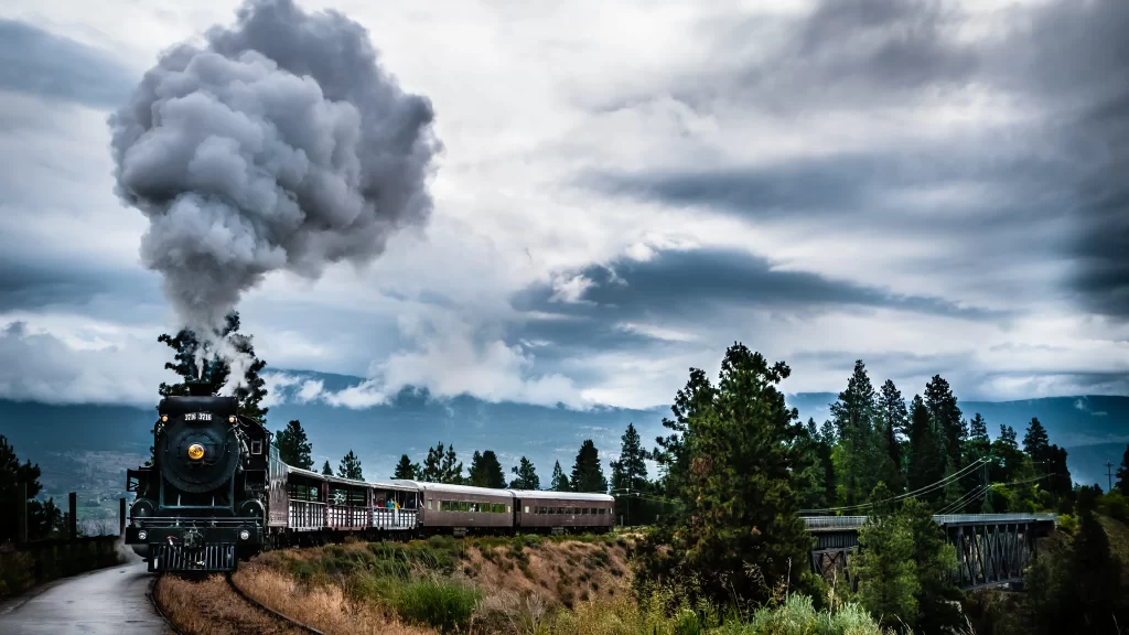 train steam landscape clouds nature journey