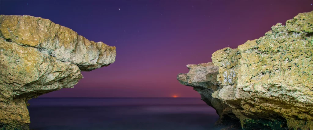 twilight, rocks, ocean, horizon, stars, purple