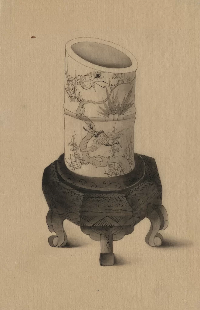 Vase Birds Flowers Traditional Ink Drawing Monochrome