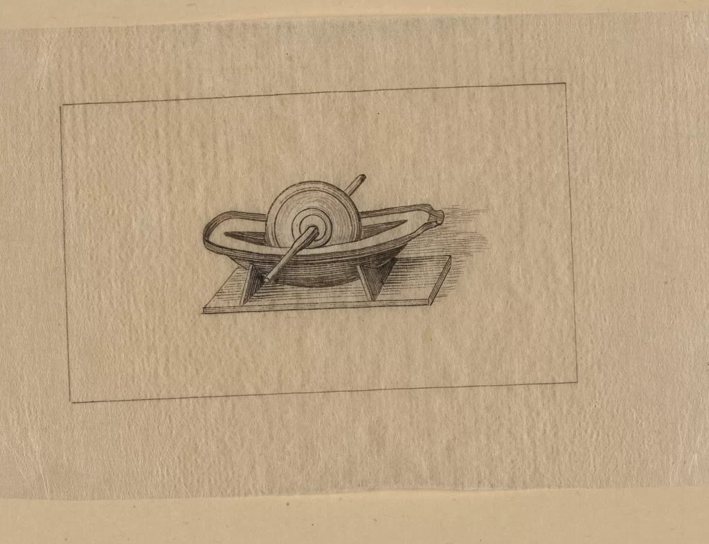 Vintage Illustration Monochrome Spinning Wheel Textured Paper Detailed Line Art