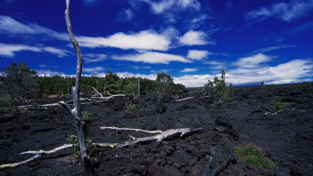 volcanic landscape lava rock barren land sparse vegetation blue sky white clouds